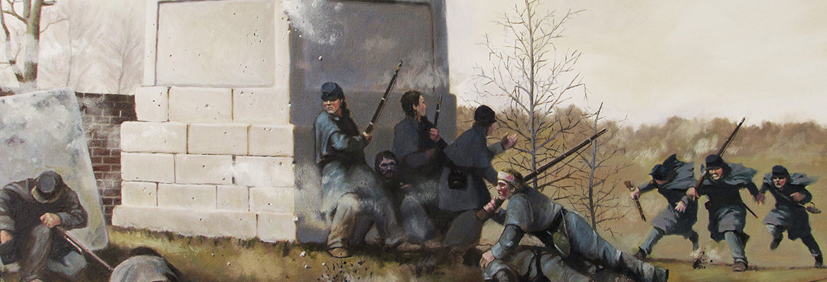 Oil painting of action at the Mary Washington Tomb during the battle of Fredericksburg