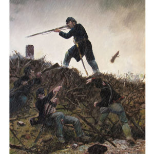 Painting of the Battle of Spotsylvania Court House depicting the Union lieutenant atop the enemy breastworks.