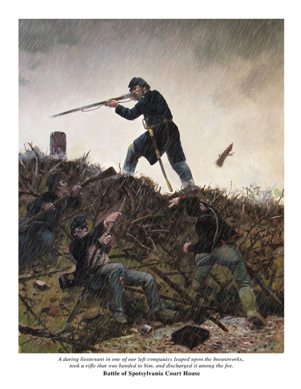 Painting of the Battle of Spotsylvania Court House depicting the Union lieutenant atop the enemy breastworks.