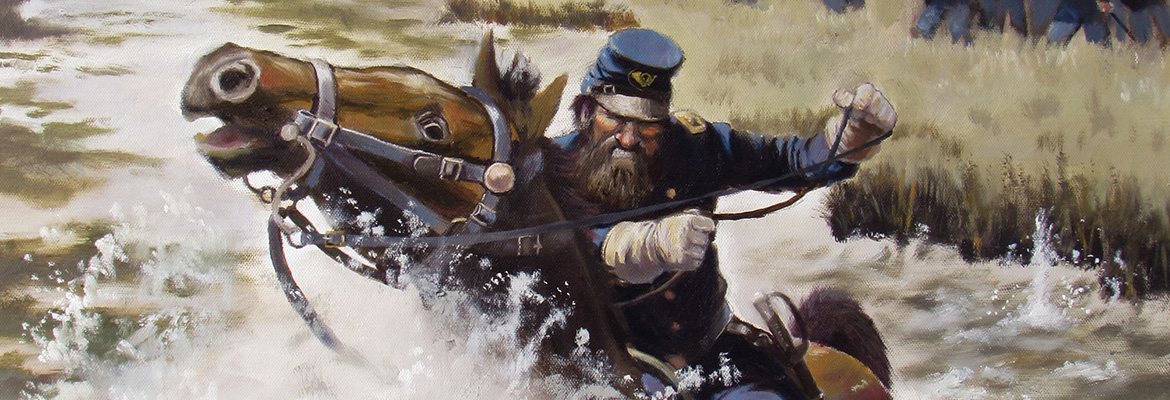 Oil painting of Colonel Hays crossing Red Bud creek during the third Battle of Winchester