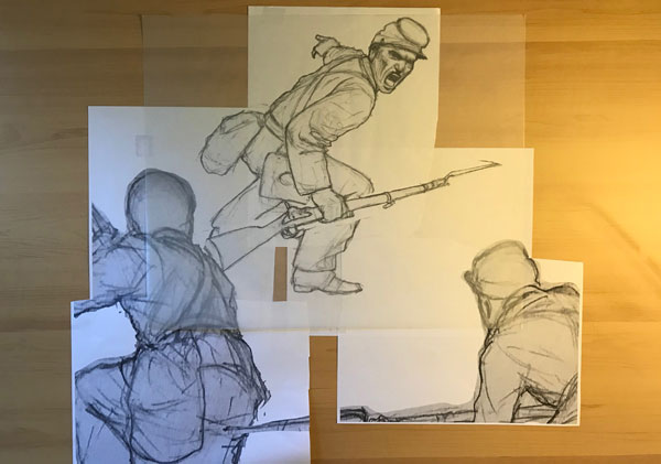 The Battle of Chaffin’s Farm sketch. Readying for transfer to canvas for painting.