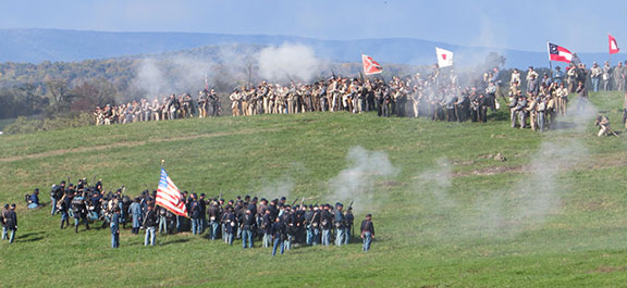 View of the Battle of Cedar Creek Reenactment, with the Blue Ridge Mountains in the background.