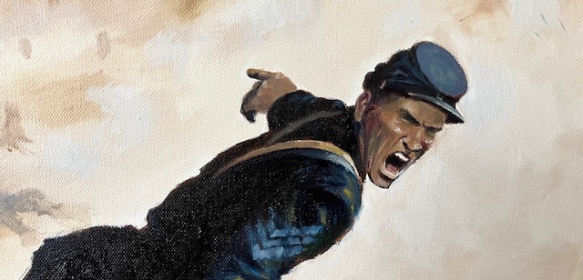 Close up of oil painting showing Sergeant Robert Pinn of the 5th United States Colored Troops at the battle of Chaffin's Farm.